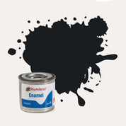 Humbrol Enamel paint tin, with a splatter of Black Gloss colour behind it, on a white background.