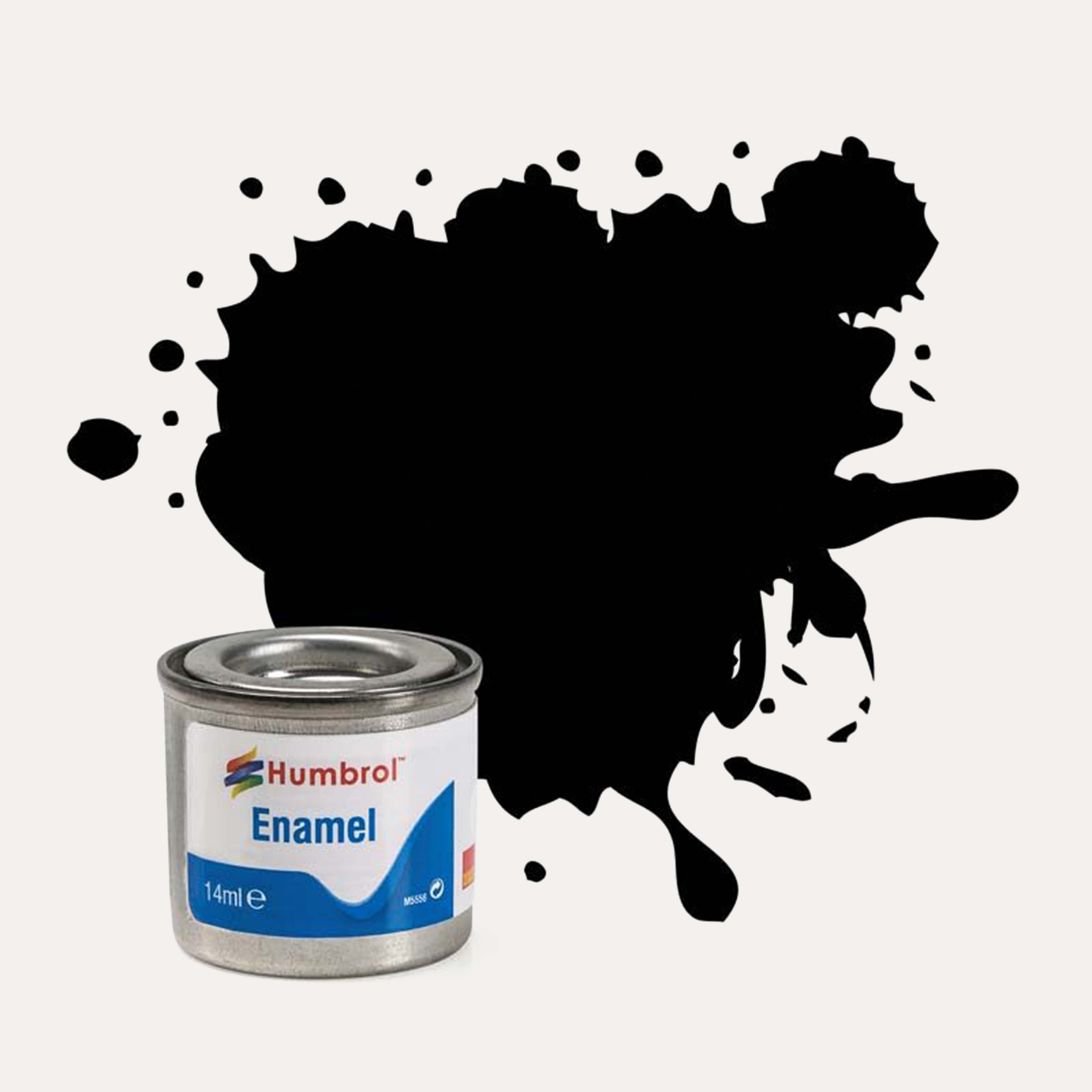 Humbrol Enamel paint tin, with a splatter of Black Matt colour behind it, on a white background.