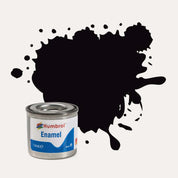 Humbrol Enamel paint tin, with a splatter of Black Metallic colour behind it, on a white background.