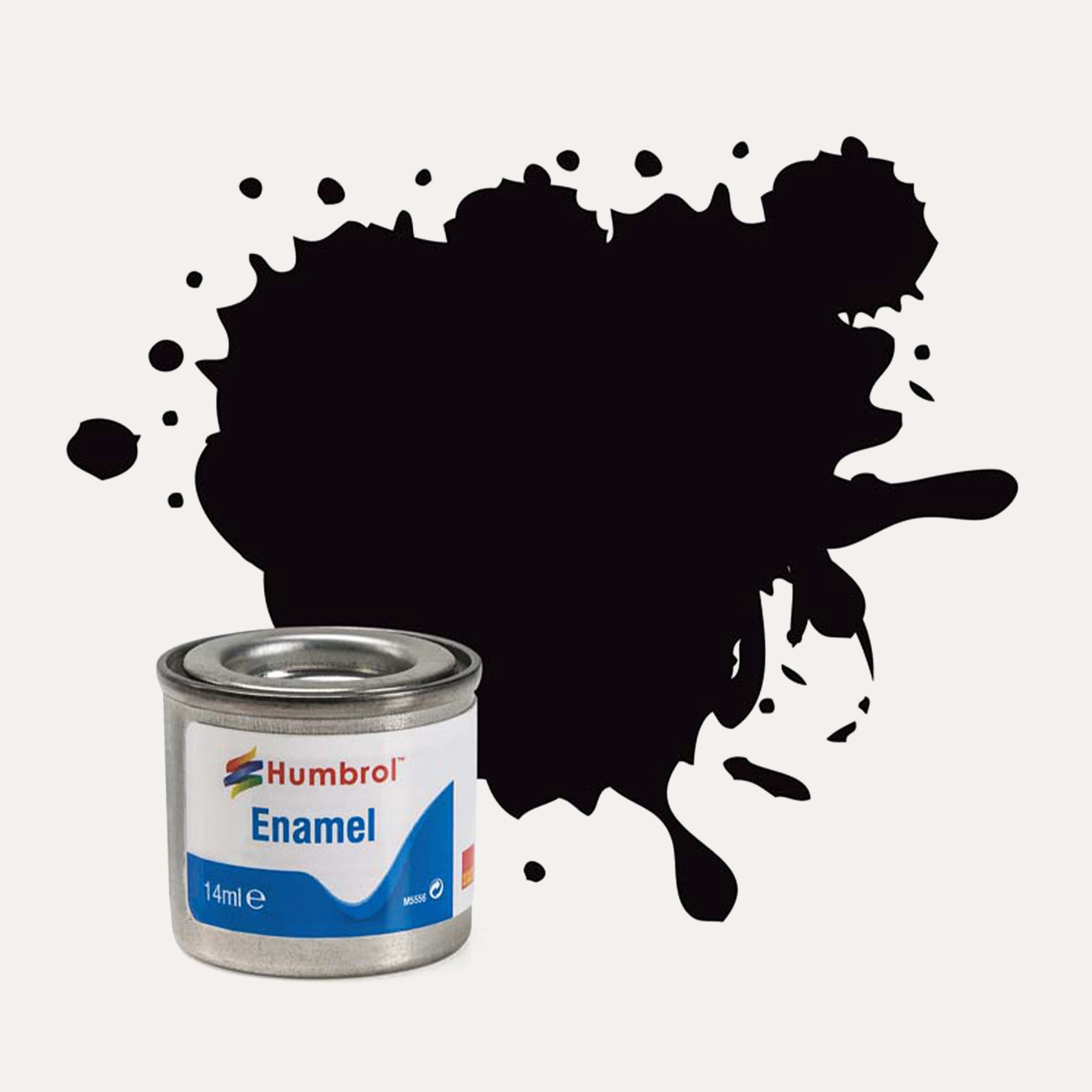 Humbrol Enamel paint tin, with a splatter of Black Metallic colour behind it, on a white background.