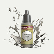 Bottle of the Army Painters Speedpaint in the colour Blinding Light on a white background. There are splatters of Blinding Light paint emerging from the bottom of the paint bottle. 