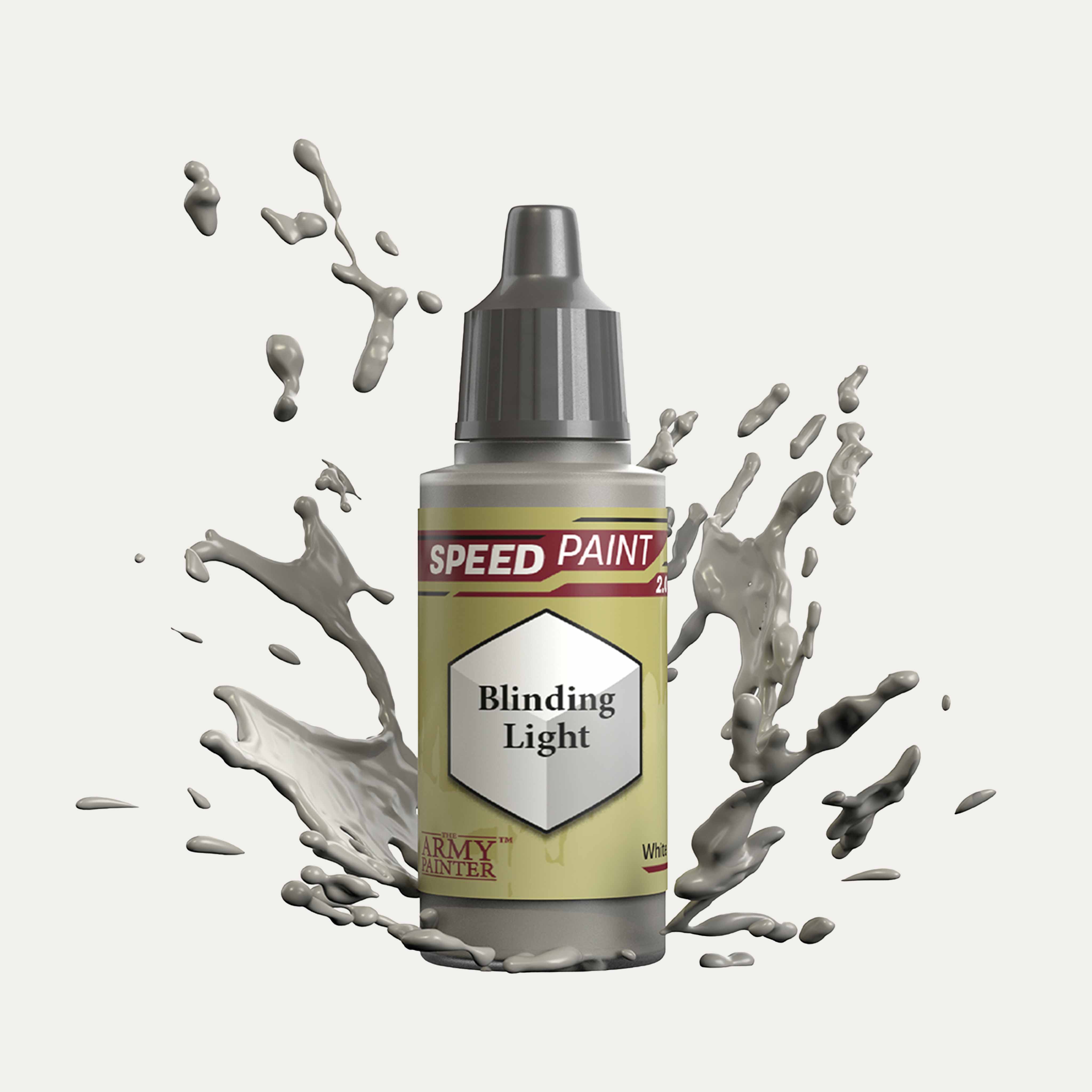 Bottle of the Army Painters Speedpaint in the colour Blinding Light on a white background. There are splatters of Blinding Light paint emerging from the bottom of the paint bottle. 