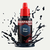 Bottle of the Army Painter Fanatics Wash in the colour Blue Tone on a white background. There are splatters of paint emerging from the bottom of the paint bottle. 