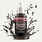 Bottle of the Army Painter Fanatics in the colour Bootstrap Brown on a white background. There are splatters of paint emerging from the bottom of the paint bottle. 
