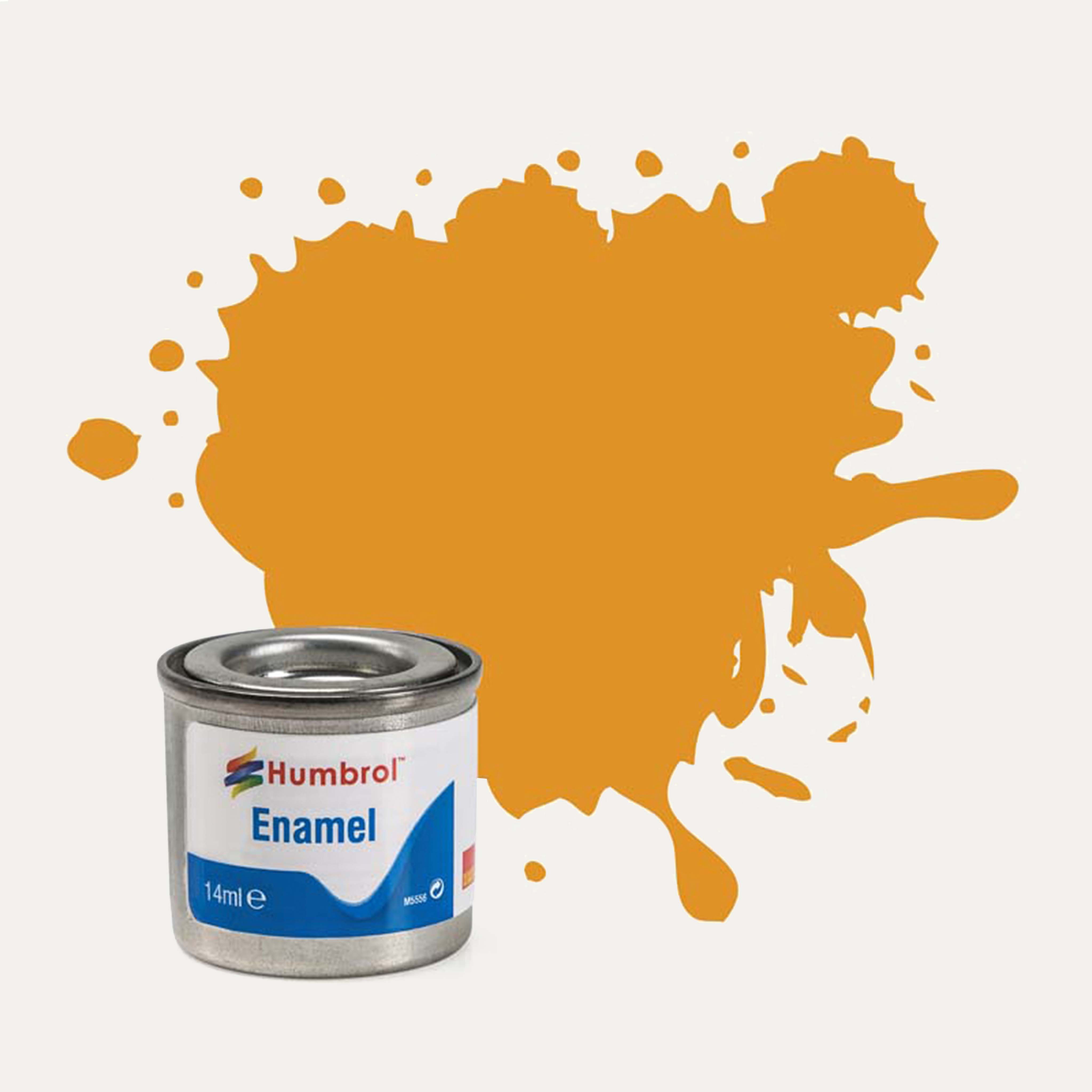 Humbrol Enamel paint tin, with a splatter of Brass Metallic colour behind it, on a white background.
