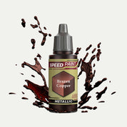 Bottle of the Army Painters metallic Speedpaint in the colour Brazen Copper on a white background. There are splatters of Brazen Copper paint emerging from the bottom of the paint bottle. 