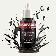 Bottle of the Army Painter Fanatics in the colour Brigandine Brown on a white background. There are splatters of paint emerging from the bottom of the paint bottle. 