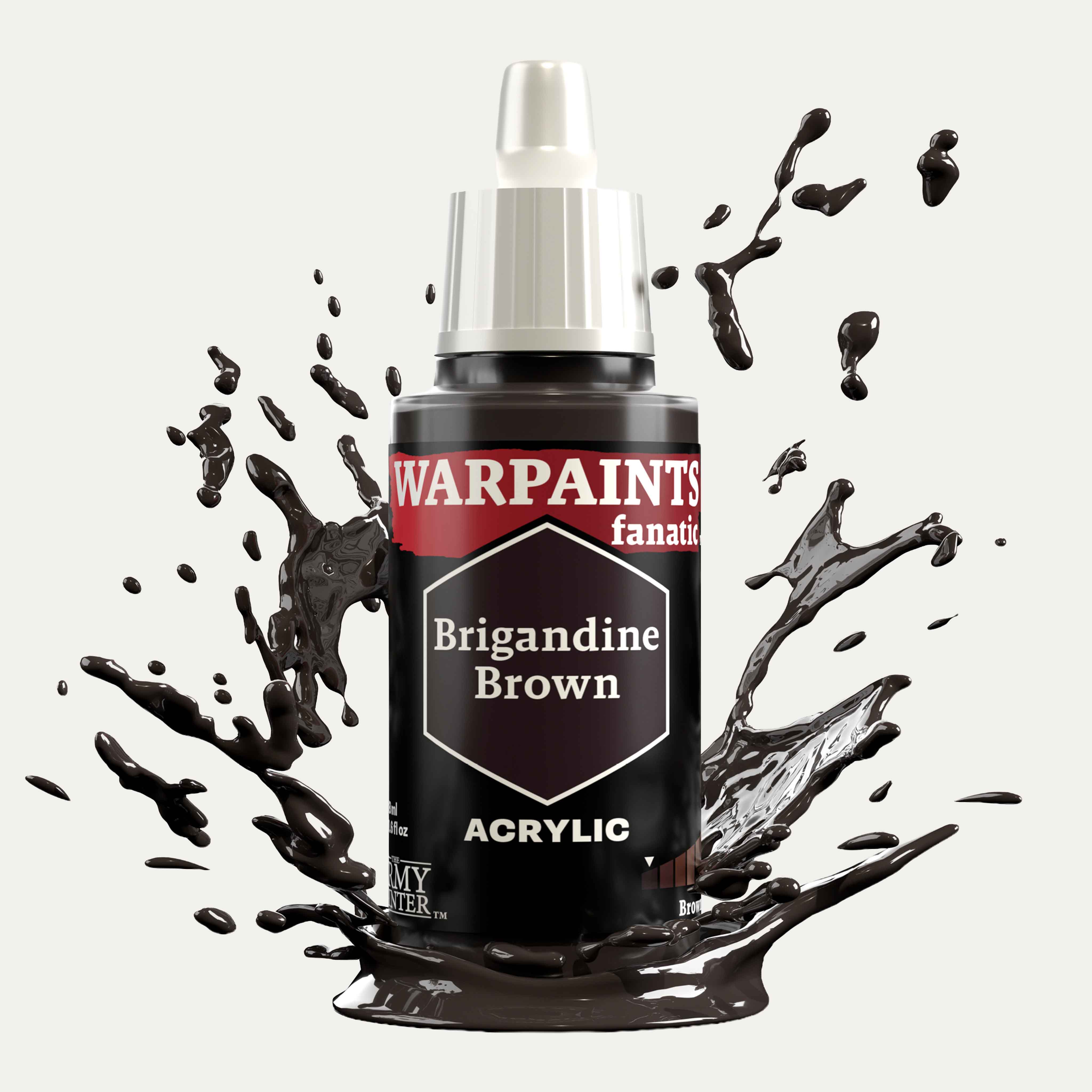 Bottle of the Army Painter Fanatics in the colour Brigandine Brown on a white background. There are splatters of paint emerging from the bottom of the paint bottle. 