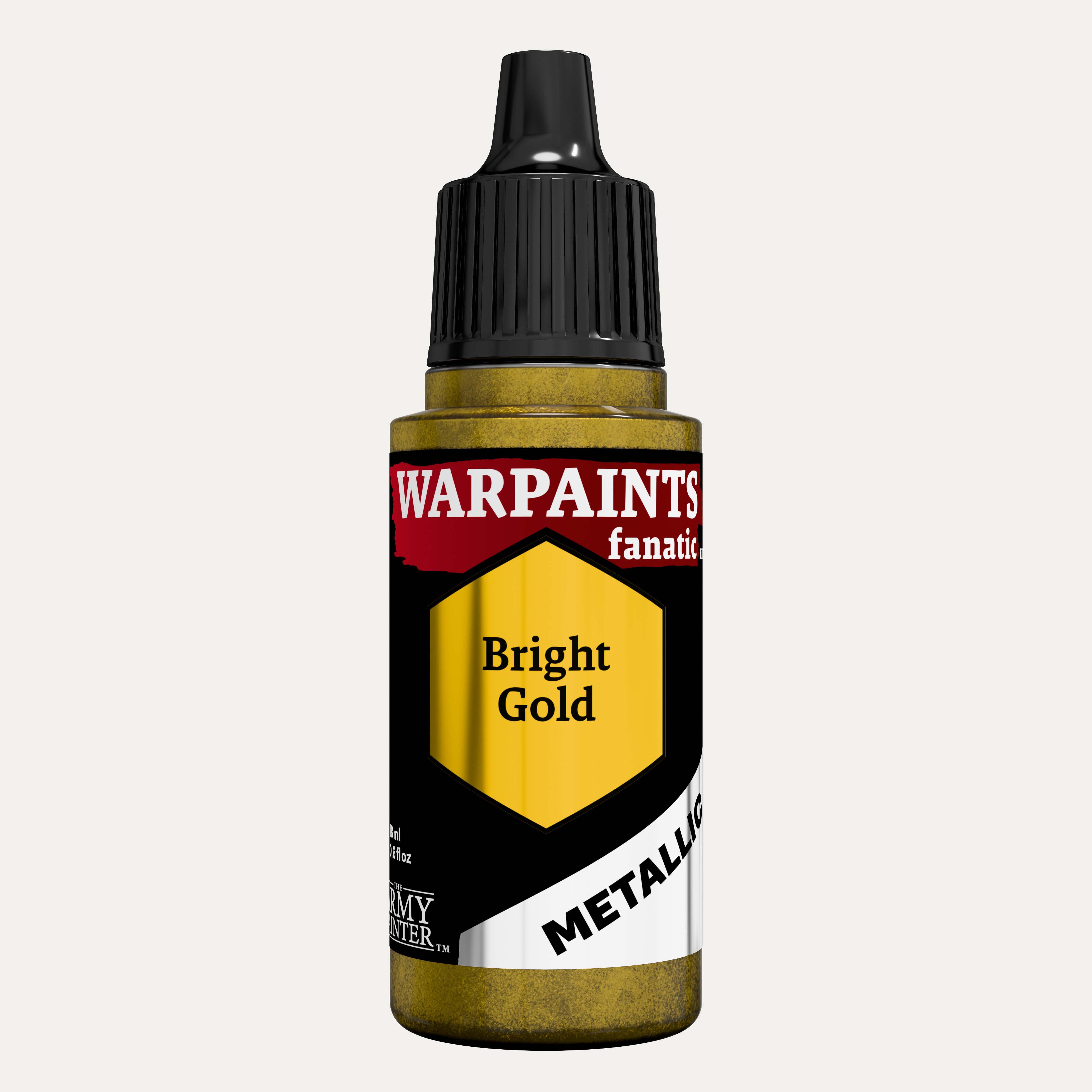 Bottle of the Army Painter Fanatics Metallic paint in the colour Bright Gold on a white background.