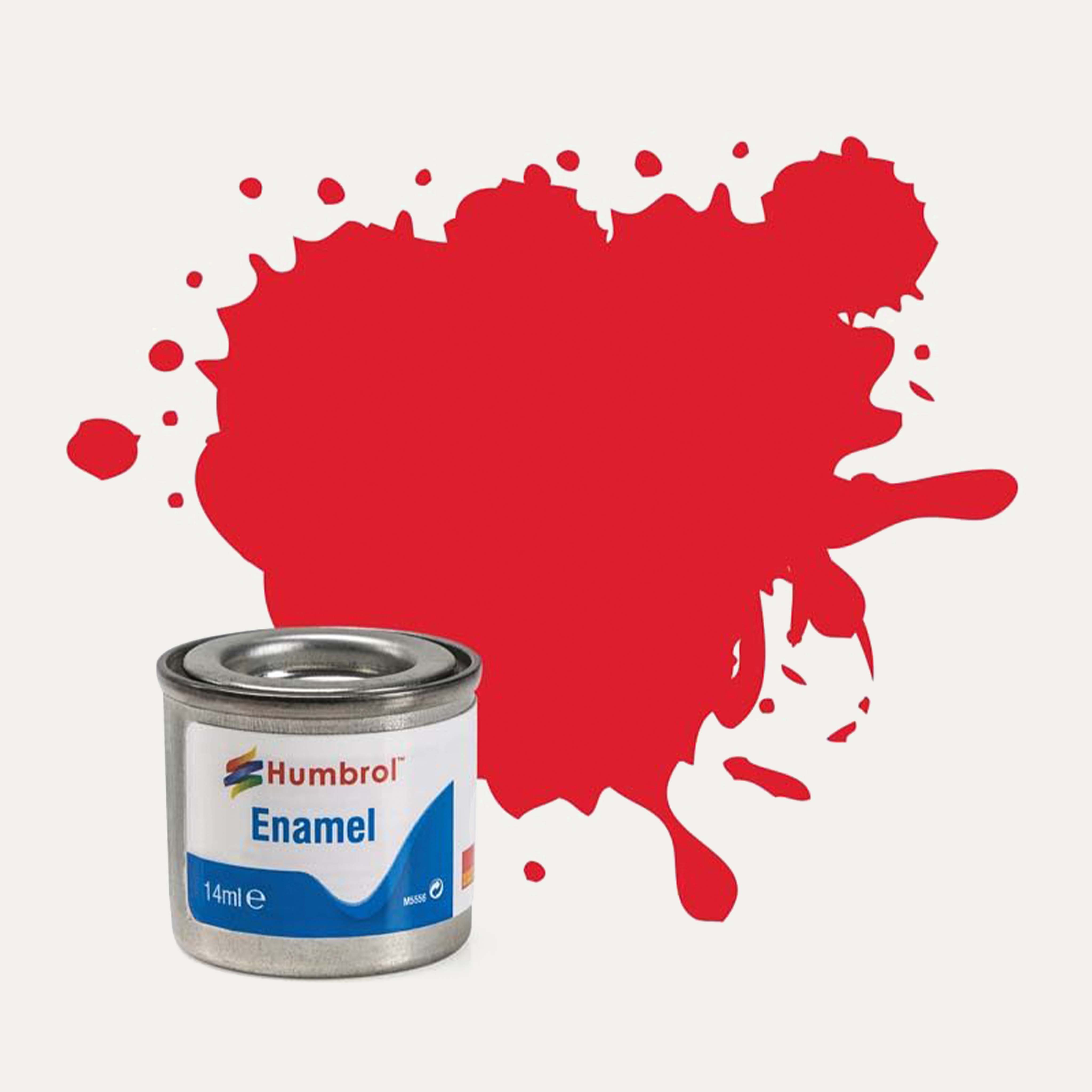 Humbrol Enamel paint tin, with a splatter of Bright Red Gloss colour behind it, on a white background.