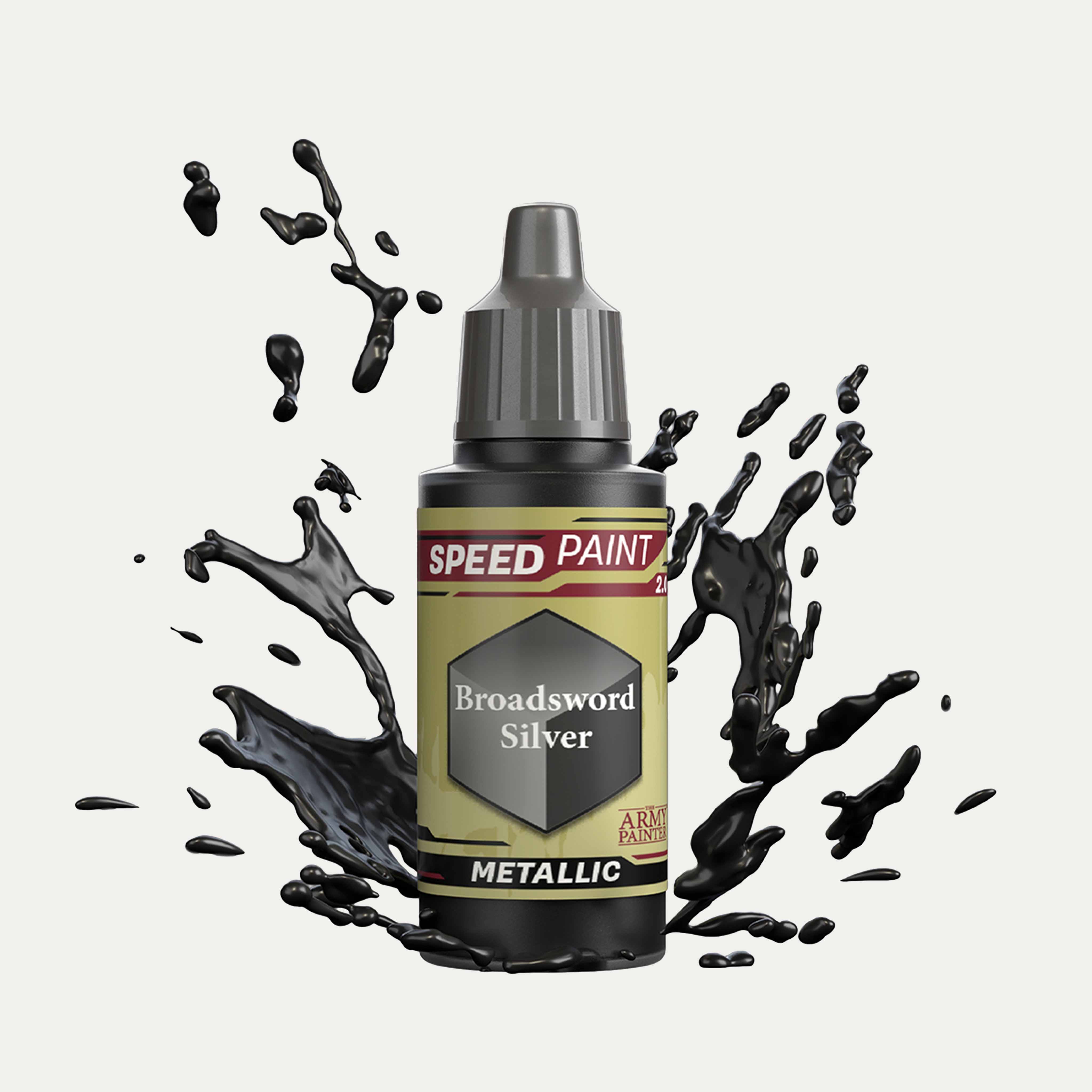 Bottle of the Army Painter Metallic Speedpaint in the colour Broadsword Silver on a white background. There are splatters of Broadsword Silver paint emerging from the bottom of the paint bottle. 