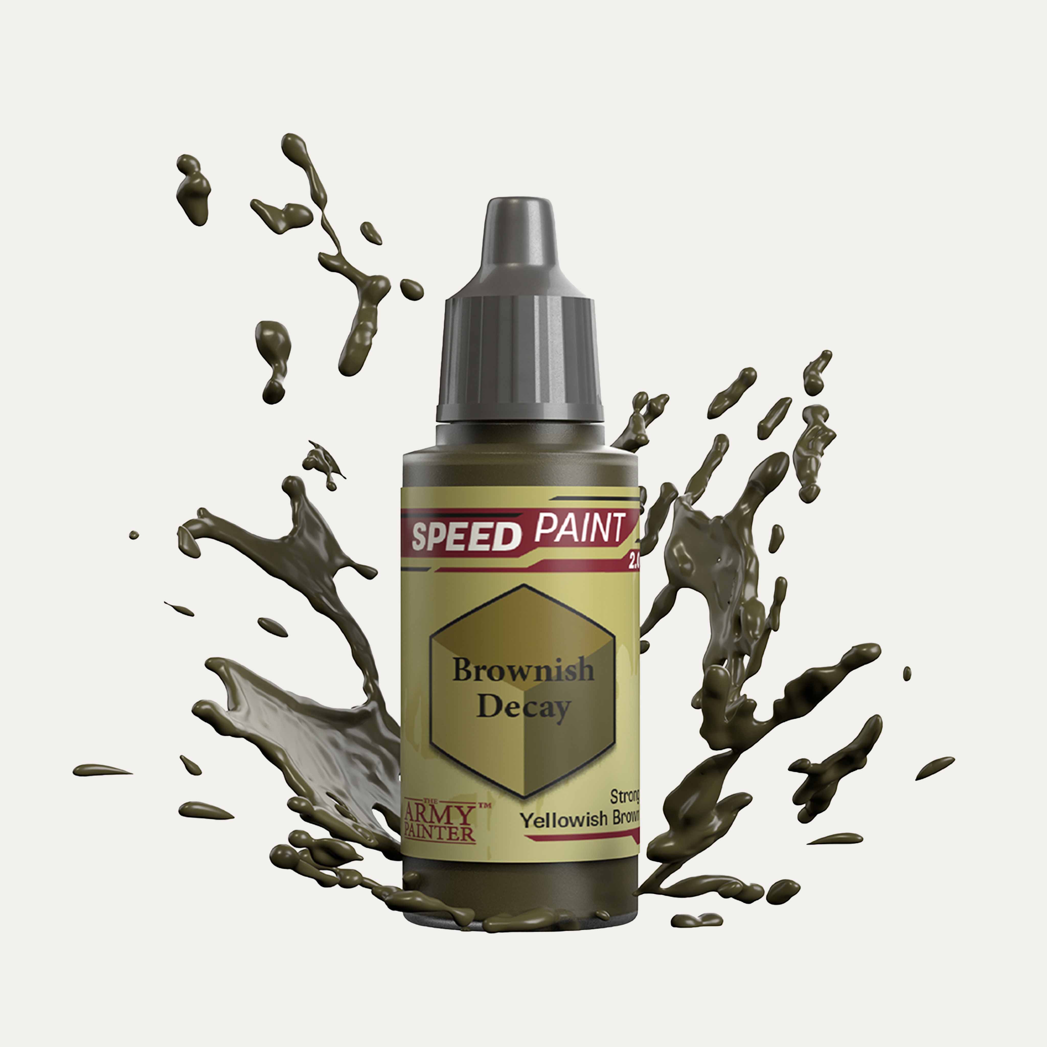 Bottle of the Army Painters Speedpaint in the colour Brownish Decay on a white background. There are splatters of Brownish Decay paint emerging from the bottom of the paint bottle. 