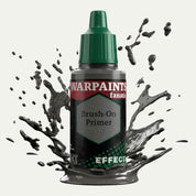 Bottle of the Army Painter Fanatics Effects Grey Brush-on Primer on a white background. There are splatters of paint emerging from the bottom of the paint bottle. 