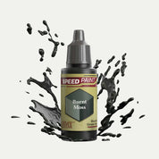 Bottle of the Army Painter Speedpaint in the colour Burnt Moss on a white background. There are splatters of Burnt Moss paint emerging from the bottom of the paint bottle. 