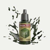 Bottle of the Army Painter Speedpaint in the colour Camo Cloak on a white background. There are splatters of Camo Cloak paint emerging from the bottom of the paint bottle.