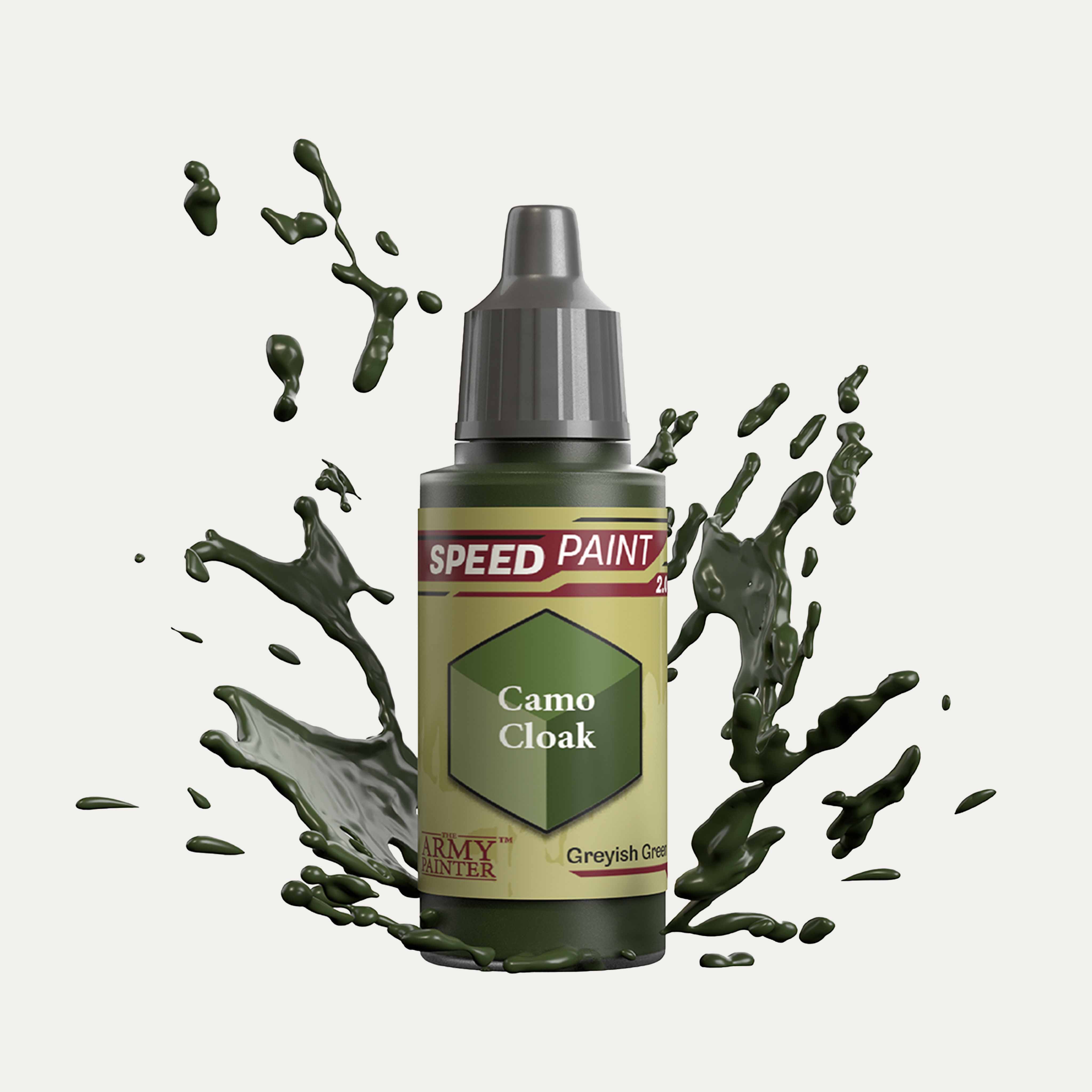Bottle of the Army Painter Speedpaint in the colour Camo Cloak on a white background. There are splatters of Camo Cloak paint emerging from the bottom of the paint bottle.
