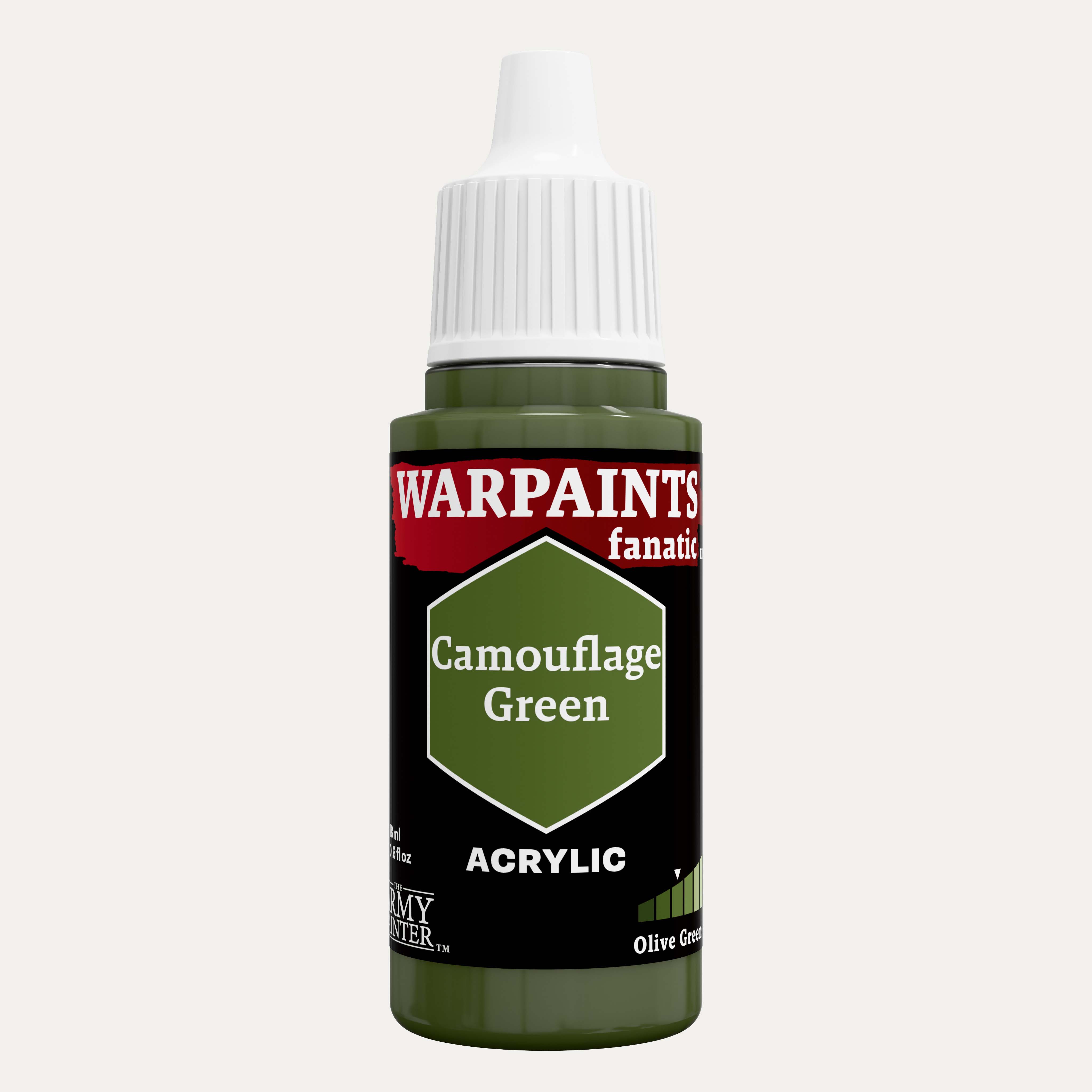 Bottle of the Army Painter Fanatics in the colour Camouflage Green on a white background.