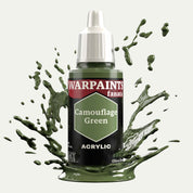 Bottle of the Army Painter Fanatics in the colour Camouflage Green on a white background. There are splatters of paint emerging from the bottom of the paint bottle. 