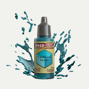 Bottle of the Army Painter Speedpaint in the colour Caribbean Ocean on a white background. There are splatters of Caribbean Ocean paint emerging from the bottom of the paint bottle. 