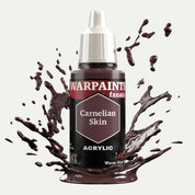 Bottle of the Army Painter Fanatics in the colour Carnelian Skin on a white background. There are splatters of paint emerging from the bottom of the paint bottle. 