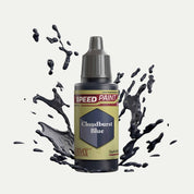 Bottle of the Army Painter Speedpaint in the colour Cloudburst Blue on a white background. There are splatters of Cloudburst Blue paint emerging from the bottom of the paint bottle. 