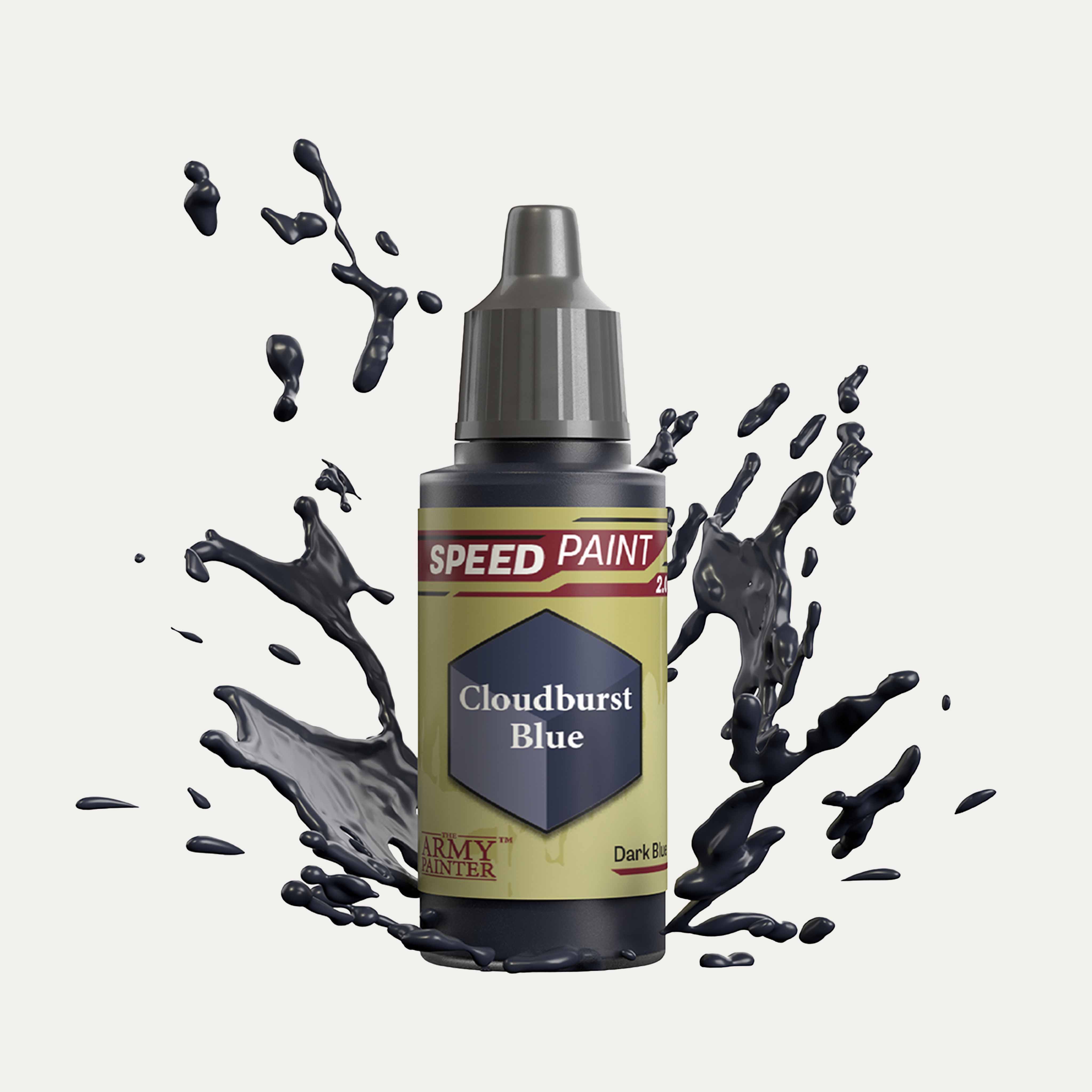 Bottle of the Army Painter Speedpaint in the colour Cloudburst Blue on a white background. There are splatters of Cloudburst Blue paint emerging from the bottom of the paint bottle. 
