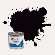 Humbrol Enamel paint tin, with a splatter of Coal Black Satin colour behind it, on a white background.