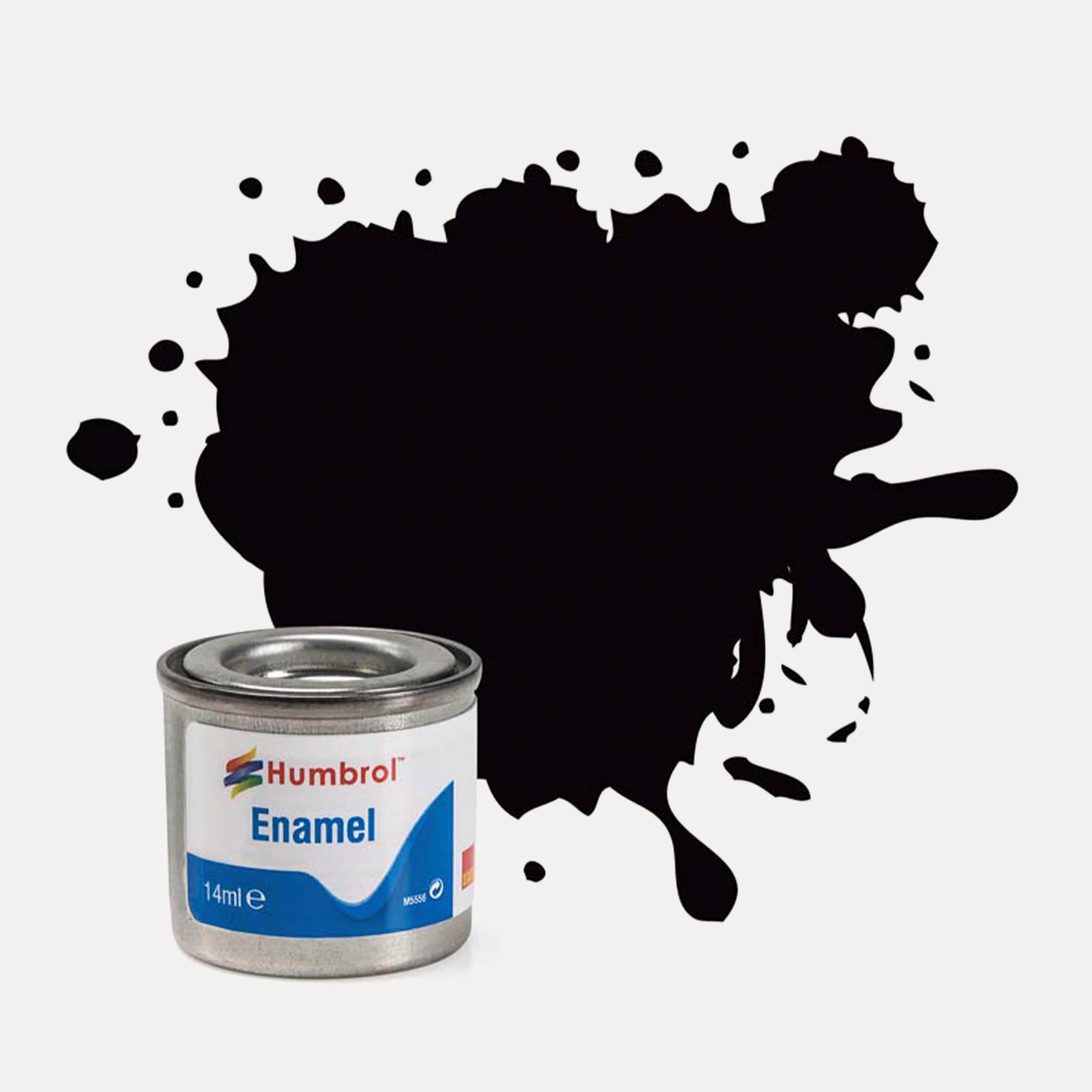 Humbrol Enamel paint tin, with a splatter of Coal Black Satin colour behind it, on a white background.