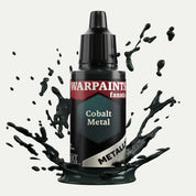 Bottle of the Army Painter Fanatics Metallic paint in the colour Cobalt Metal on a white background. There are splatters of paint emerging from the bottom of the paint bottle. 