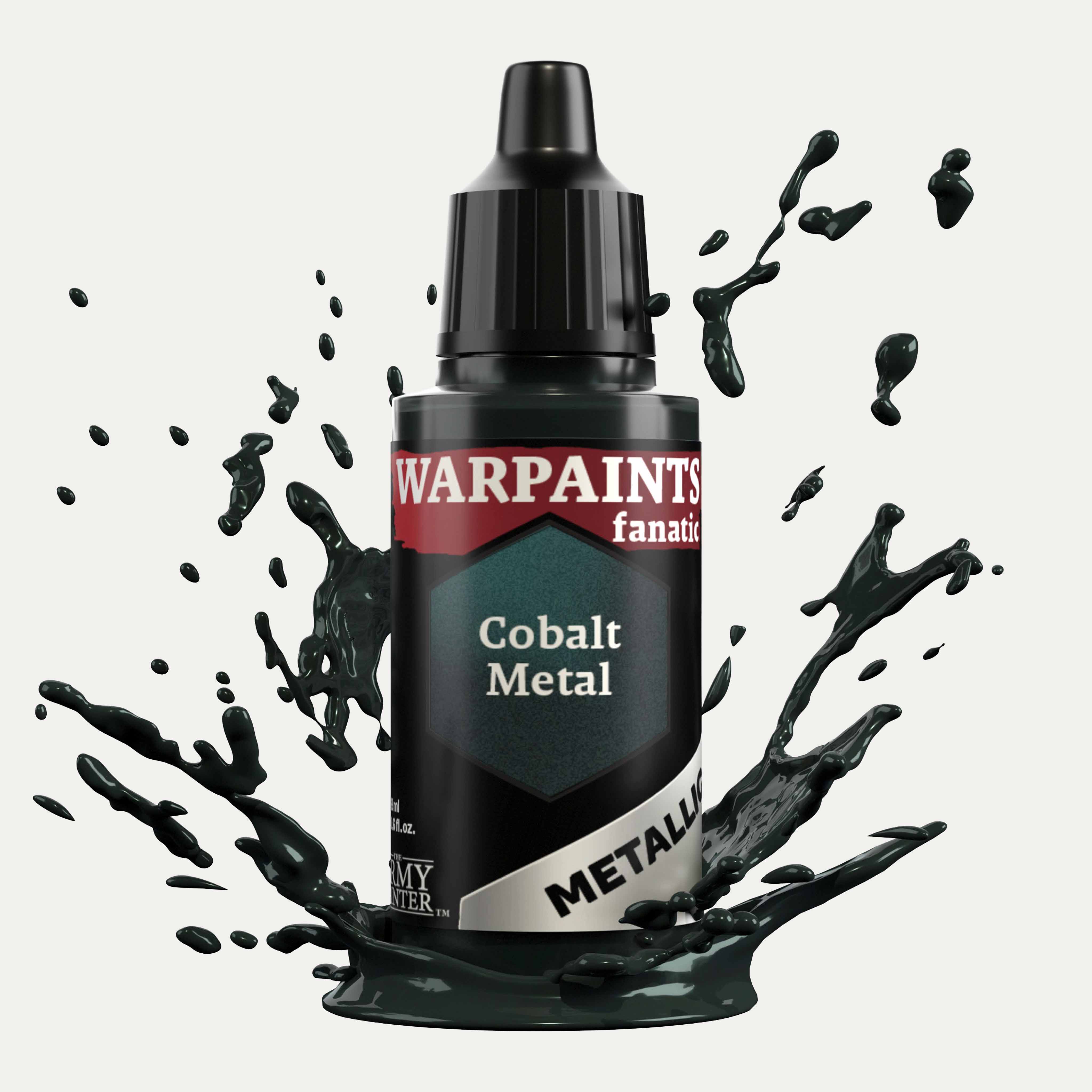Bottle of the Army Painter Fanatics Metallic paint in the colour Cobalt Metal on a white background. There are splatters of paint emerging from the bottom of the paint bottle. 