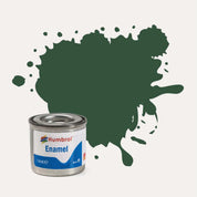Humbrol Enamel paint tin, with a splatter of Cockpit Green Matt colour behind it, on a white background.