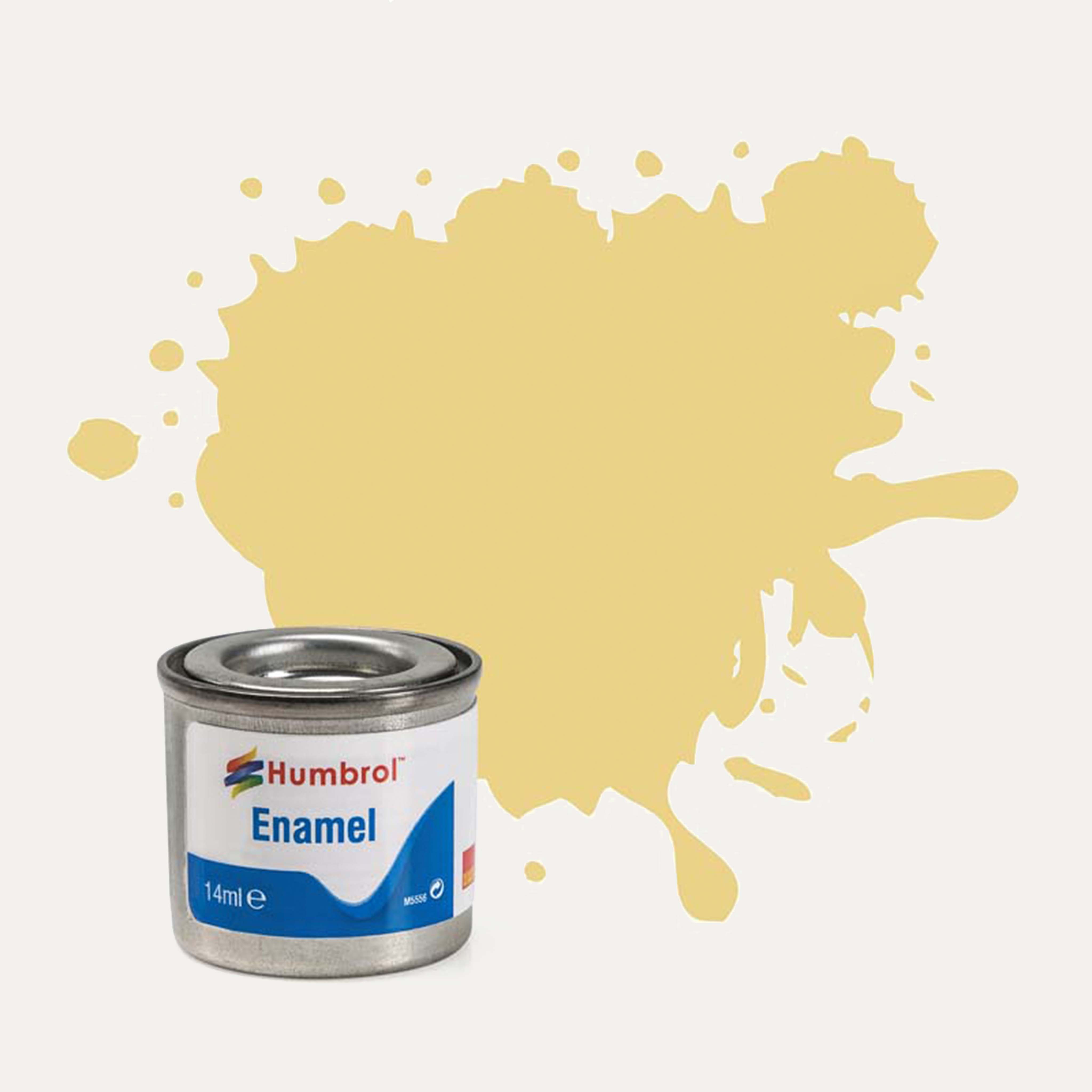 Humbrol Enamel paint tin, with a splatter of Cream Matt colour behind it, on a white background.