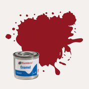 Humbrol Enamel paint tin, with a splatter of Crimson Gloss colour behind it, on a white background.