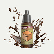 Bottle of the Army Painter Speedpaint in the colour Crusader Skin on a white background. There are splatters of Crusader Skin paint emerging from the bottom of the paint bottle.