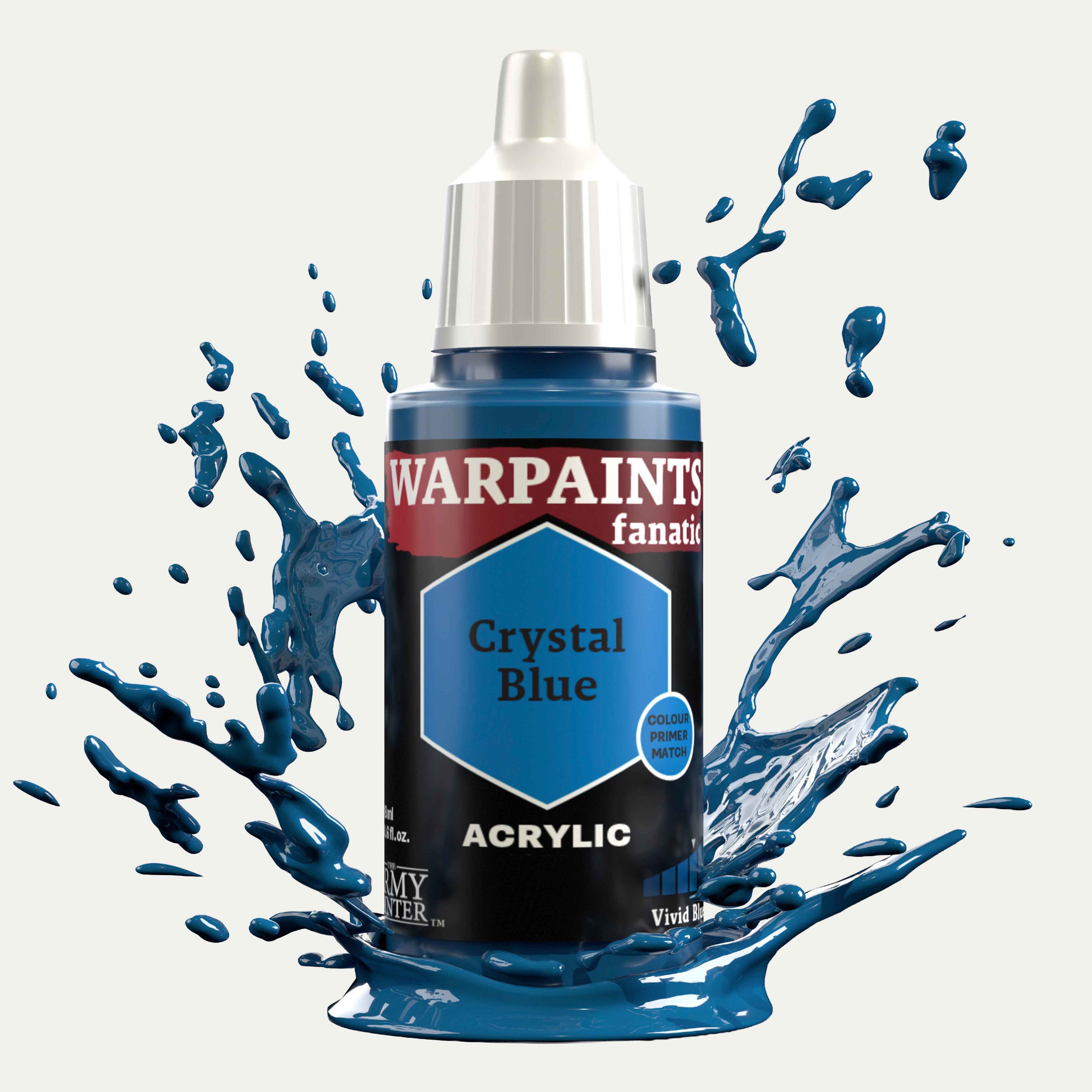 Bottle of the Army Painter Fanatics in the colour Crystal Blue on a white background. There are splatters of paint emerging from the bottom of the paint bottle. 