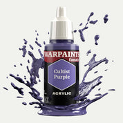 Bottle of the Army Painter Fanatics in the colour Cultist Purple on a white background. There are splatters of paint emerging from the bottom of the paint bottle. 