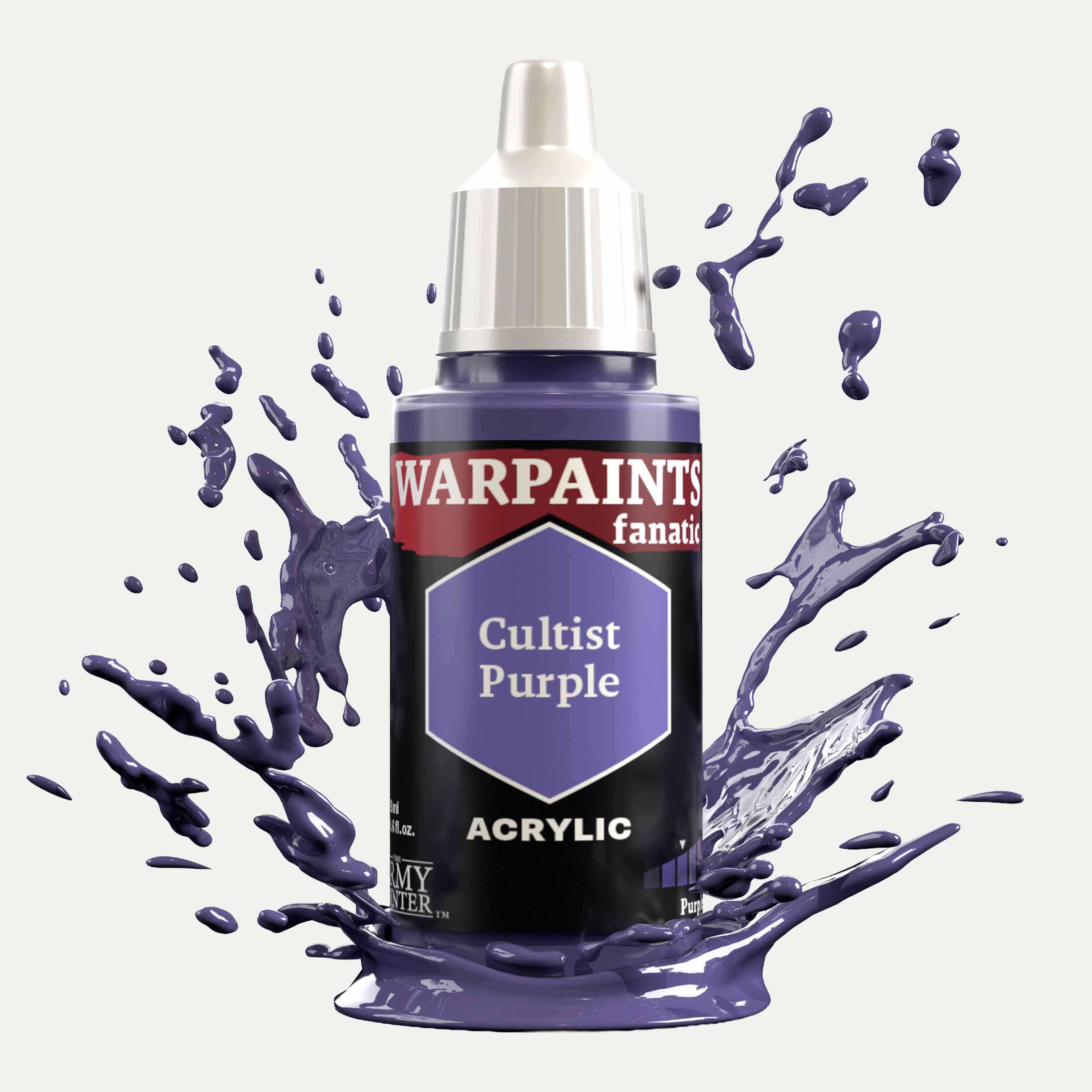 Bottle of the Army Painter Fanatics in the colour Cultist Purple on a white background. There are splatters of paint emerging from the bottom of the paint bottle. 