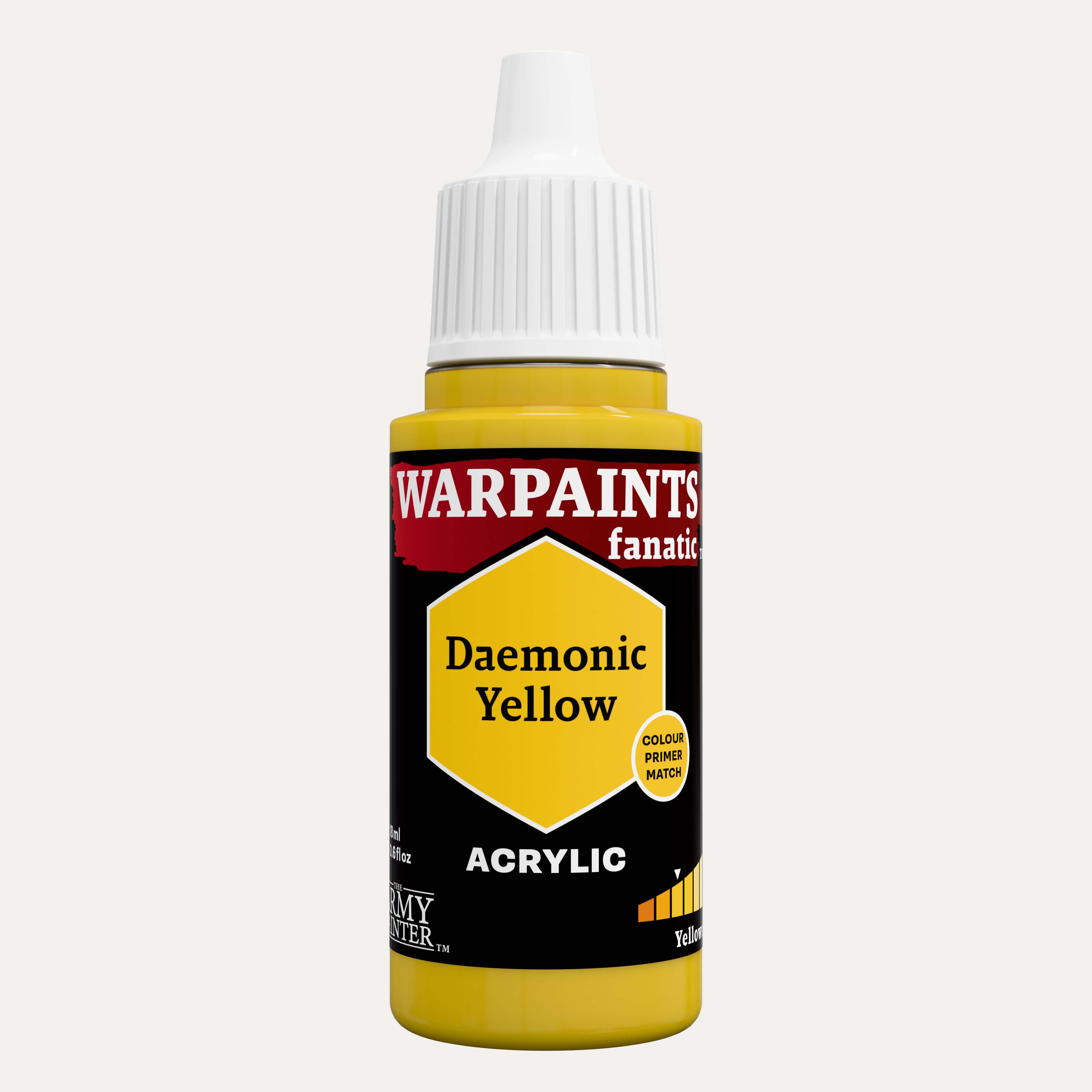 Bottle of the Army Painter Fanatics in the colour Daemonic Yellow on a white background.