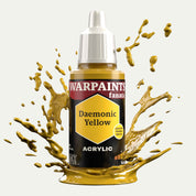 Bottle of the Army Painter Fanatics in the colour Daemonic Yellow on a white background. There are splatters of paint emerging from the bottom of the paint bottle. 