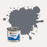 Humbrol Enamel paint tin, with a splatter of Dark Ad Grey Gloss colour behind it, on a white background.