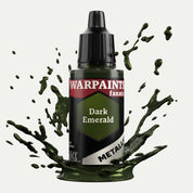 Bottle of the Army Painter Fanatics Metallic paint in the colour Dark Emerald on a white background. There are splatters of paint emerging from the bottom of the paint bottle. 