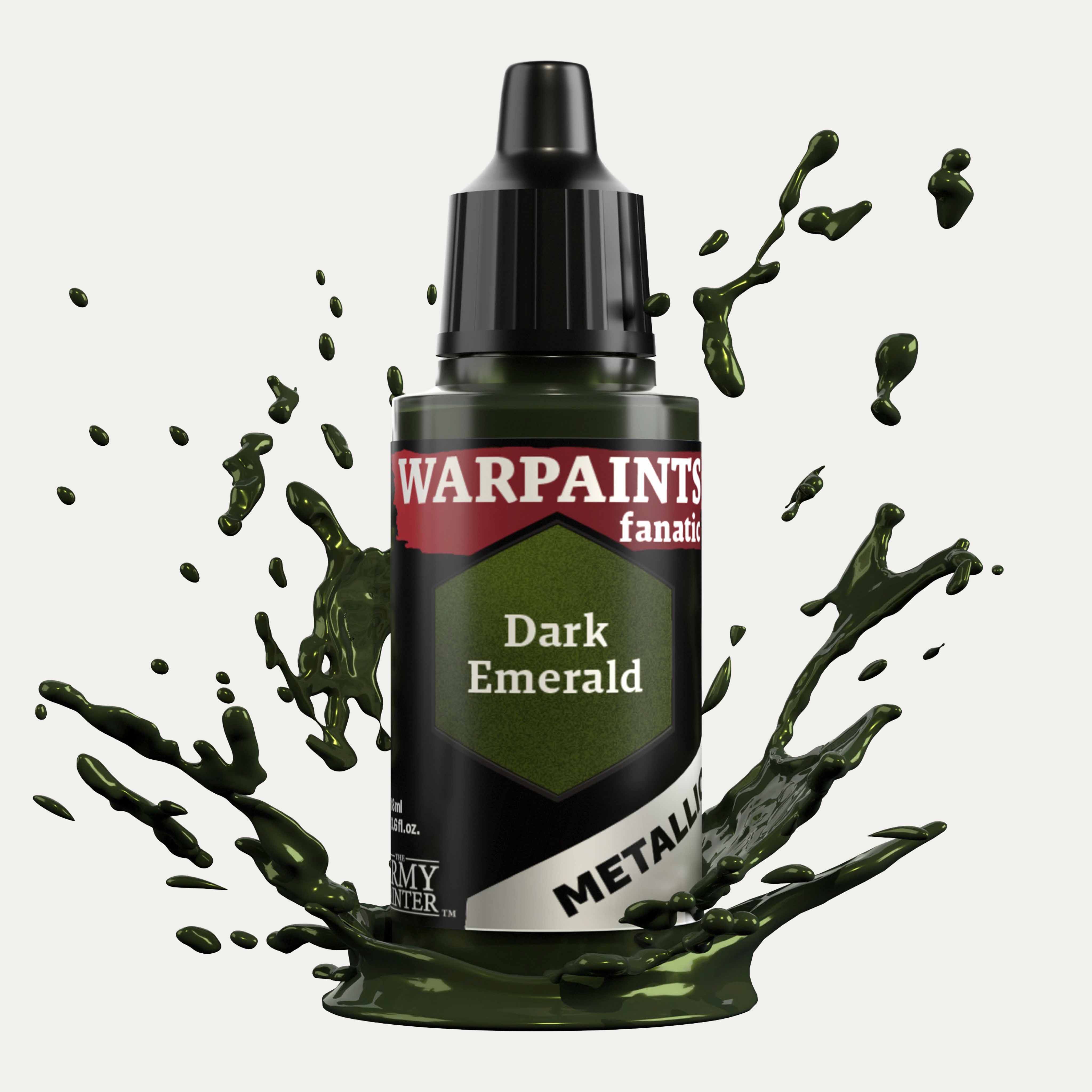 Bottle of the Army Painter Fanatics Metallic paint in the colour Dark Emerald on a white background. There are splatters of paint emerging from the bottom of the paint bottle. 