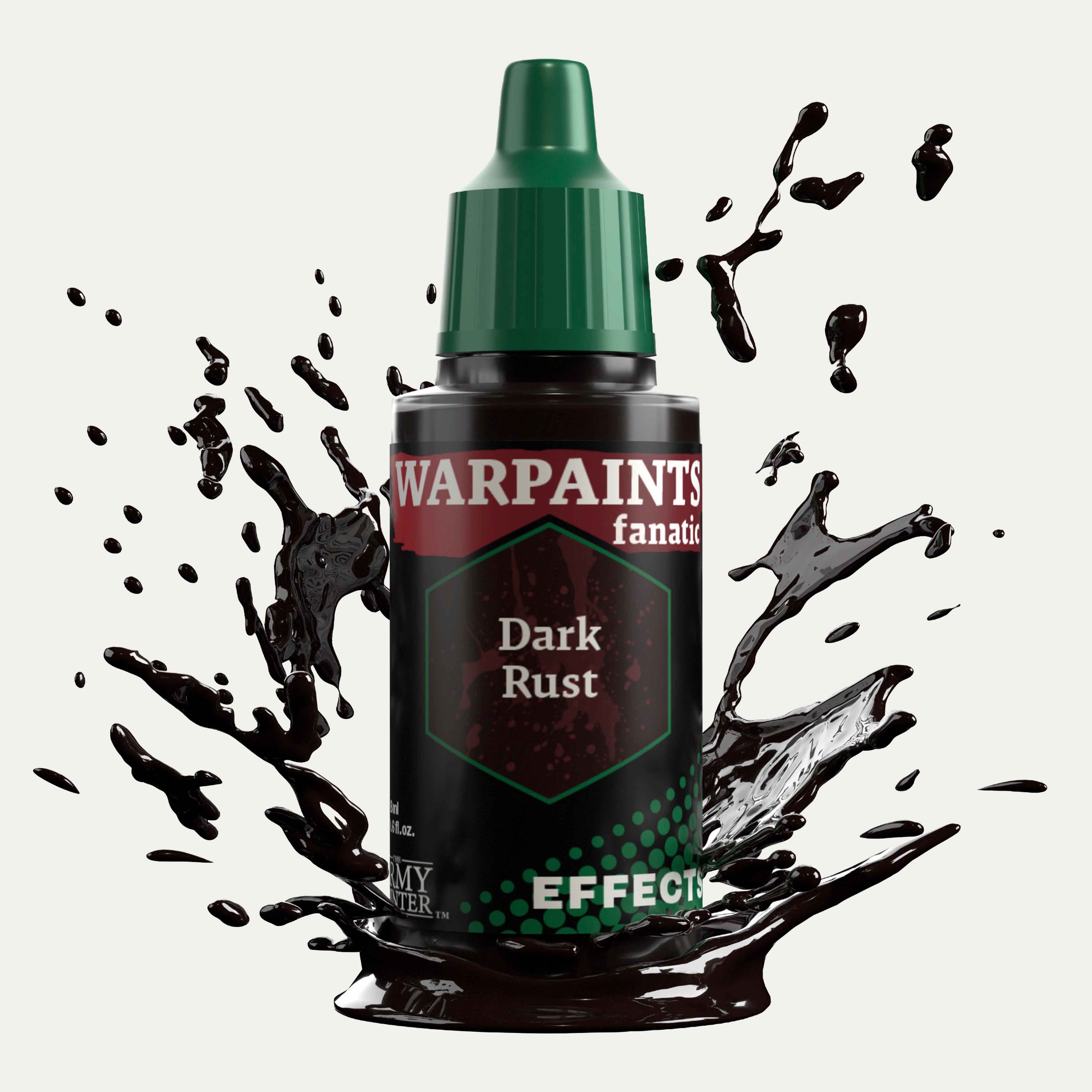 Bottle of the Army Painter Fanatics Dark Rust Plasma Coil Glow on a white background. There are splatters of paint emerging from the bottom of the paint bottle. 