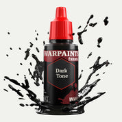 Bottle of the Army Painter Fanatics Wash in the colour Dark Tone on a white background. There are splatters of paint emerging from the bottom of the paint bottle. 