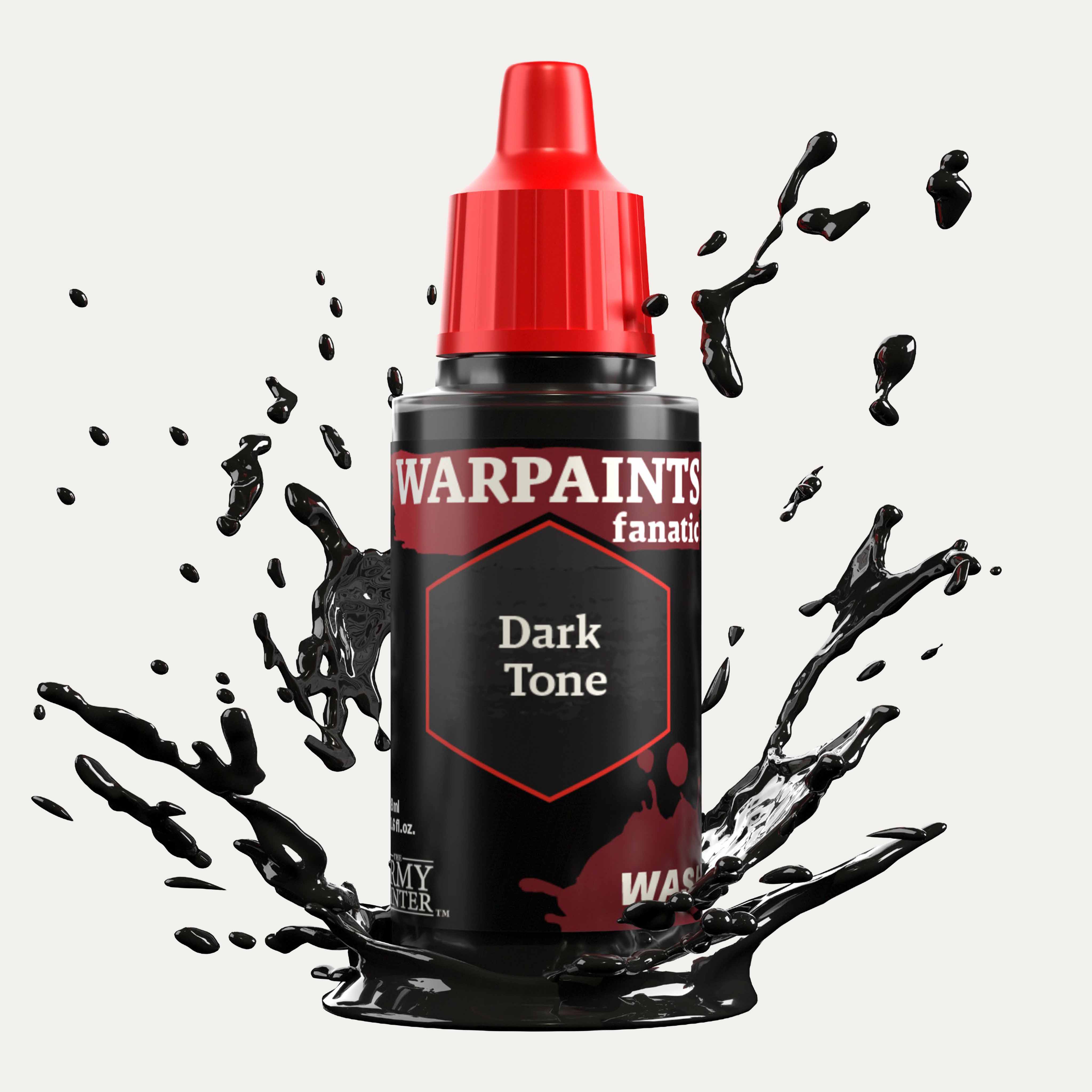Bottle of the Army Painter Fanatics Wash in the colour Dark Tone on a white background. There are splatters of paint emerging from the bottom of the paint bottle. 