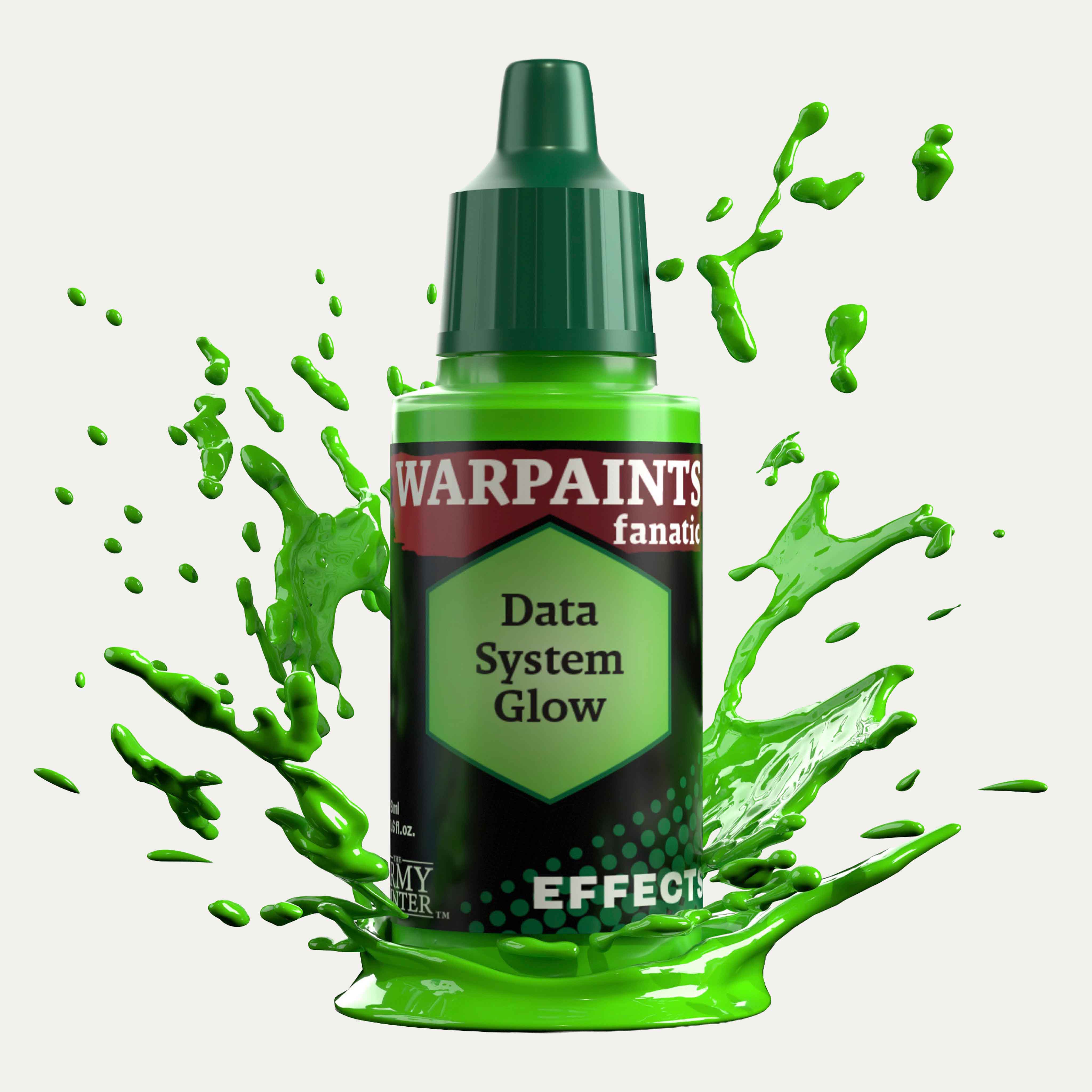 Bottle of the Army Painter Fanatics Effects in the colour Data System Glow on a white background. There are splatters of paint emerging from the bottom of the paint bottle. 