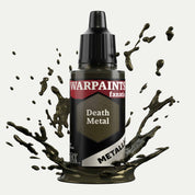 Bottle of the Army Painter Fanatics Metallic paint in the colour Death Metal on a white background. There are splatters of paint emerging from the bottom of the paint bottle. 