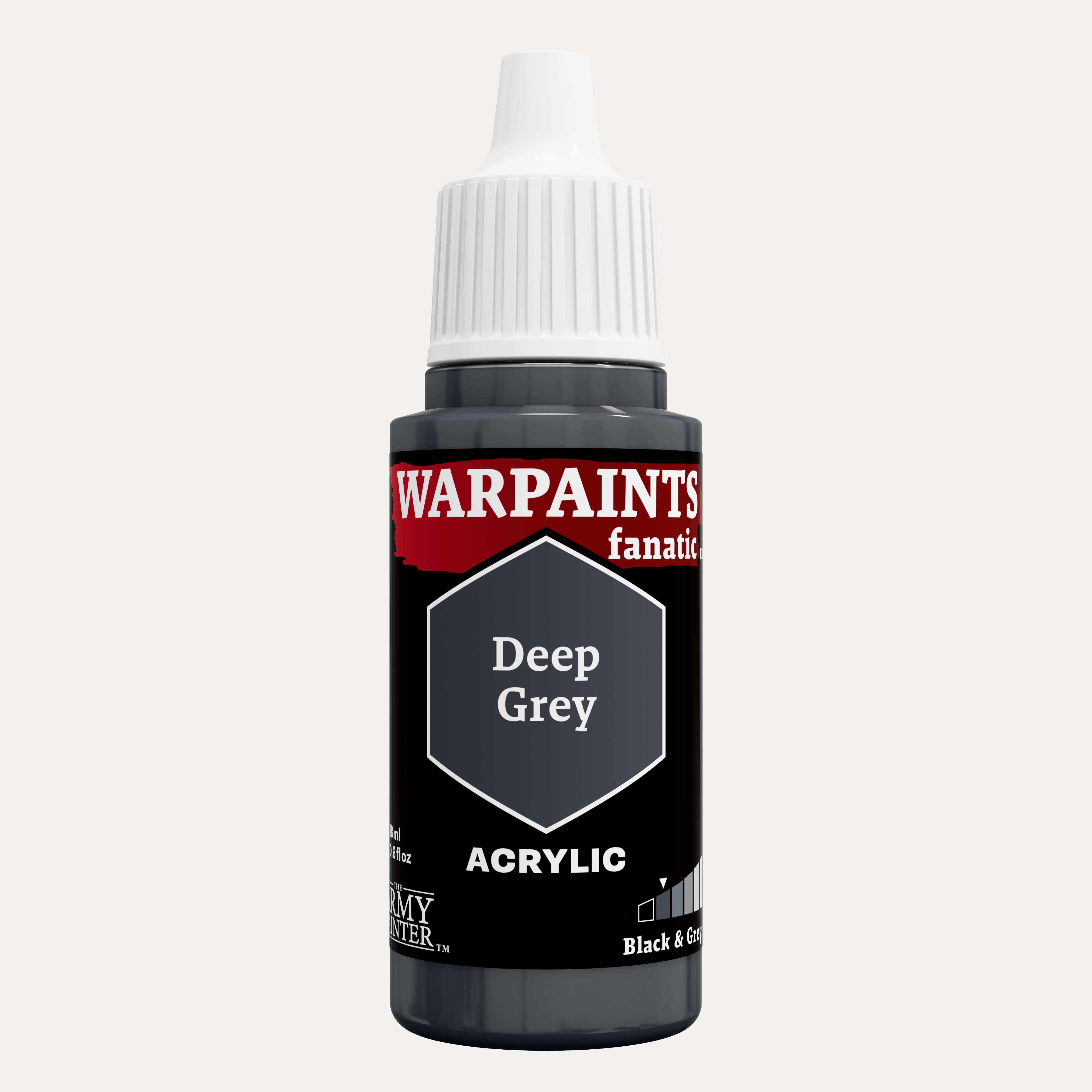 Bottle of the Army Painters Warpaints Fanatic Acrylic paint in the colour Deep Grey on a white background.