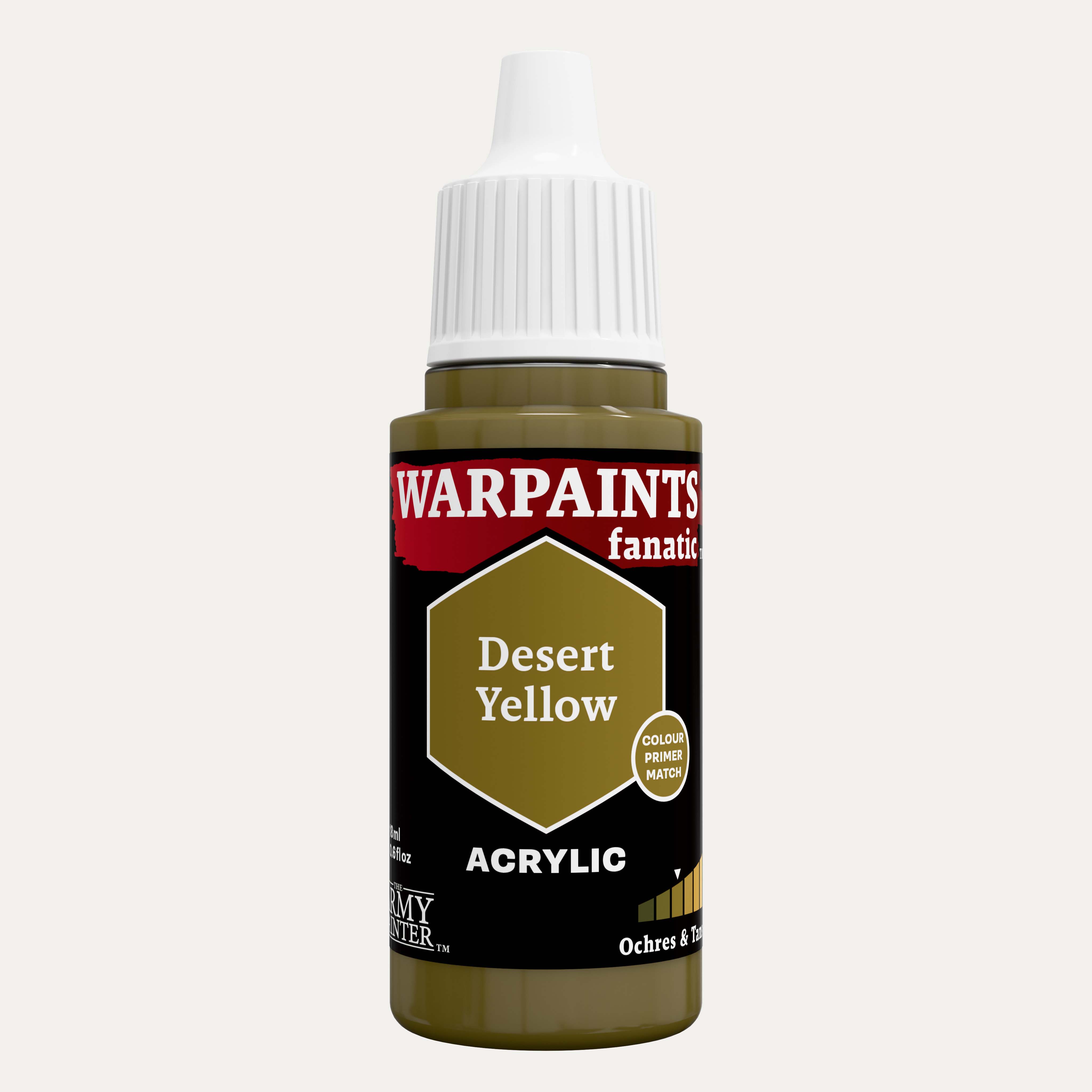 Bottle of the Army Painter Fanatics in the colour Desert Yellow on a white background.