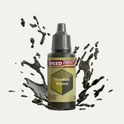 Bottle of the Army Painter Speedpaint in the colour Desolate Brown on a white background. There are splatters of Desolate Brown paint emerging from the bottom of the paint bottle. 